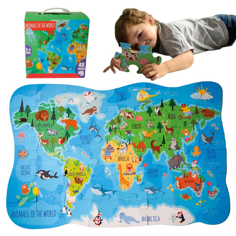 48 Piece Puzzles for Kids Ages 4-6 - Floor Puzzles for Kids Ages 3-5 - Preschool Learning Toys - World Map Puzzle - Educational Toys for 3 Year Old - Includes Two Giant Coloring Posters