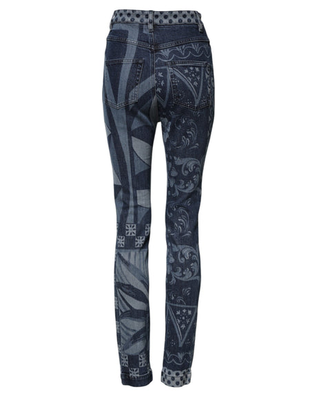 Dolce & Gabbana Blue Graphic Print Cotton Skinny Denim Jeans