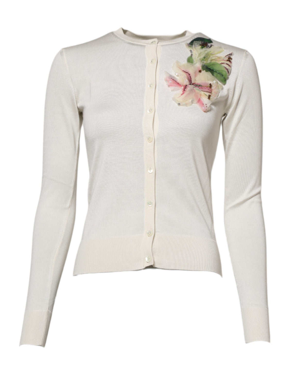 Dolce & Gabbana White Silk Lily Buttoned Cardigan Sweater