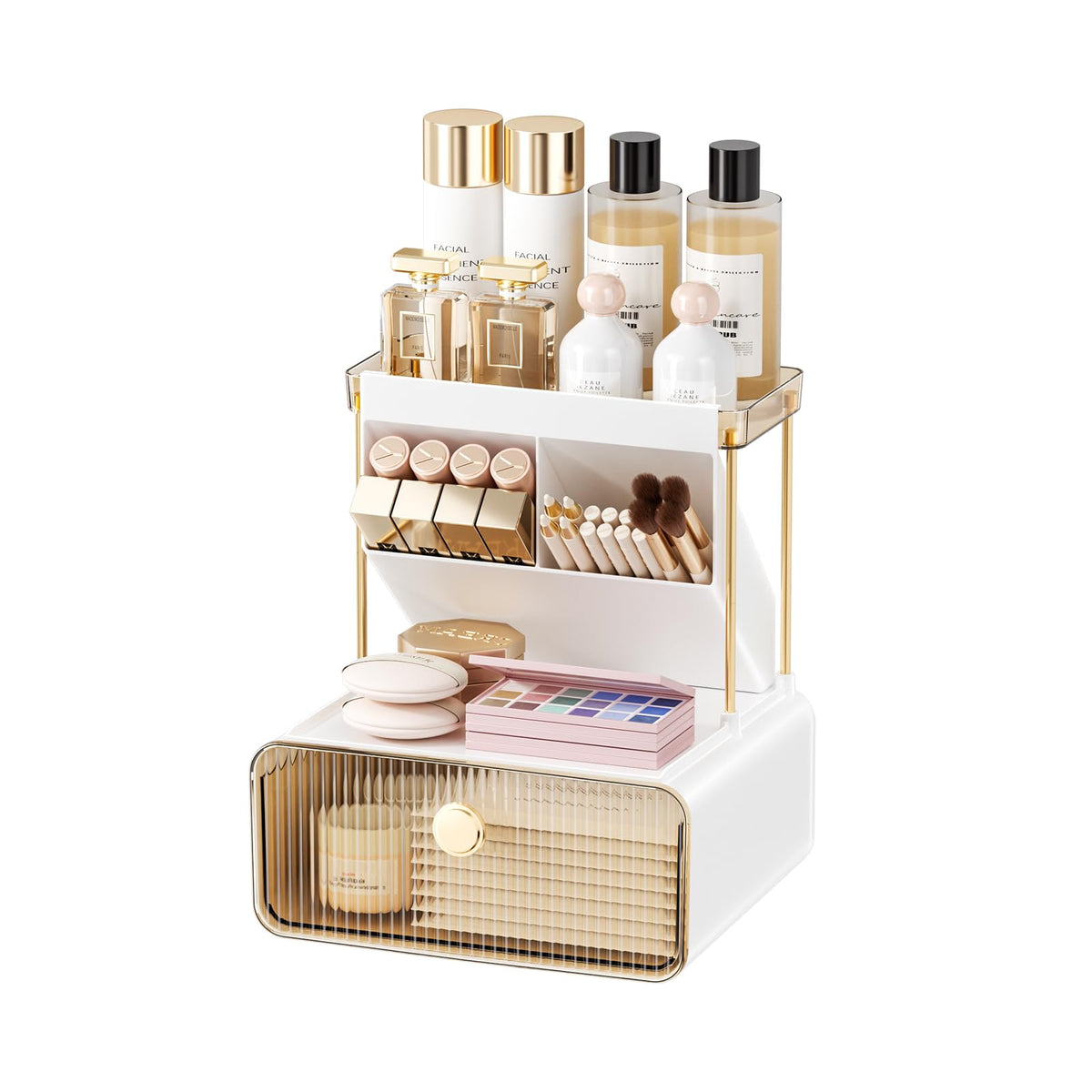 Anlynwooh Makeup Organizer with Drawer Bathroom Organizers and Storage，Makeup Brush HolderLipstick and Perfume OrganizerCosmetic and Vanity OrganizerDesk Organizer (AMBER)