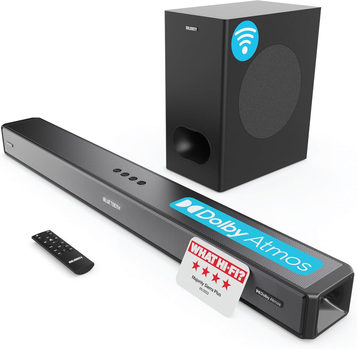 Majority SIERRA PLUS Soundbar 400W 2.1.2 Dolby Atmos Wireless Subwoofer 3xHDMI BT-USB (UK)