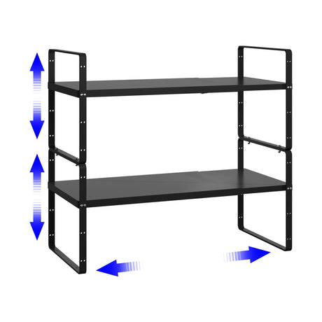 KIKIBRO Expandable Cabinet Shelf Organizer Stackable Kitchen Pantry Counter Storage Adjustable Closet Cupboard Stand Rack Risers Spice Organization 80LBS Heavy Duty Black 2 Pack