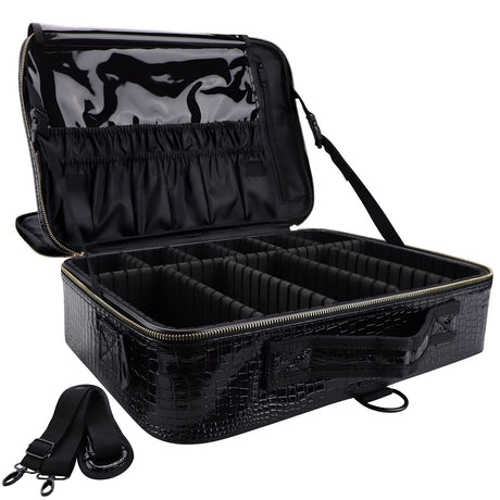 Oewoer PU Leather Professional Makeup Case 16 Inches Large Travel Makeup Bag Organizer with Shoulder Strap（L-Black Crocodile）