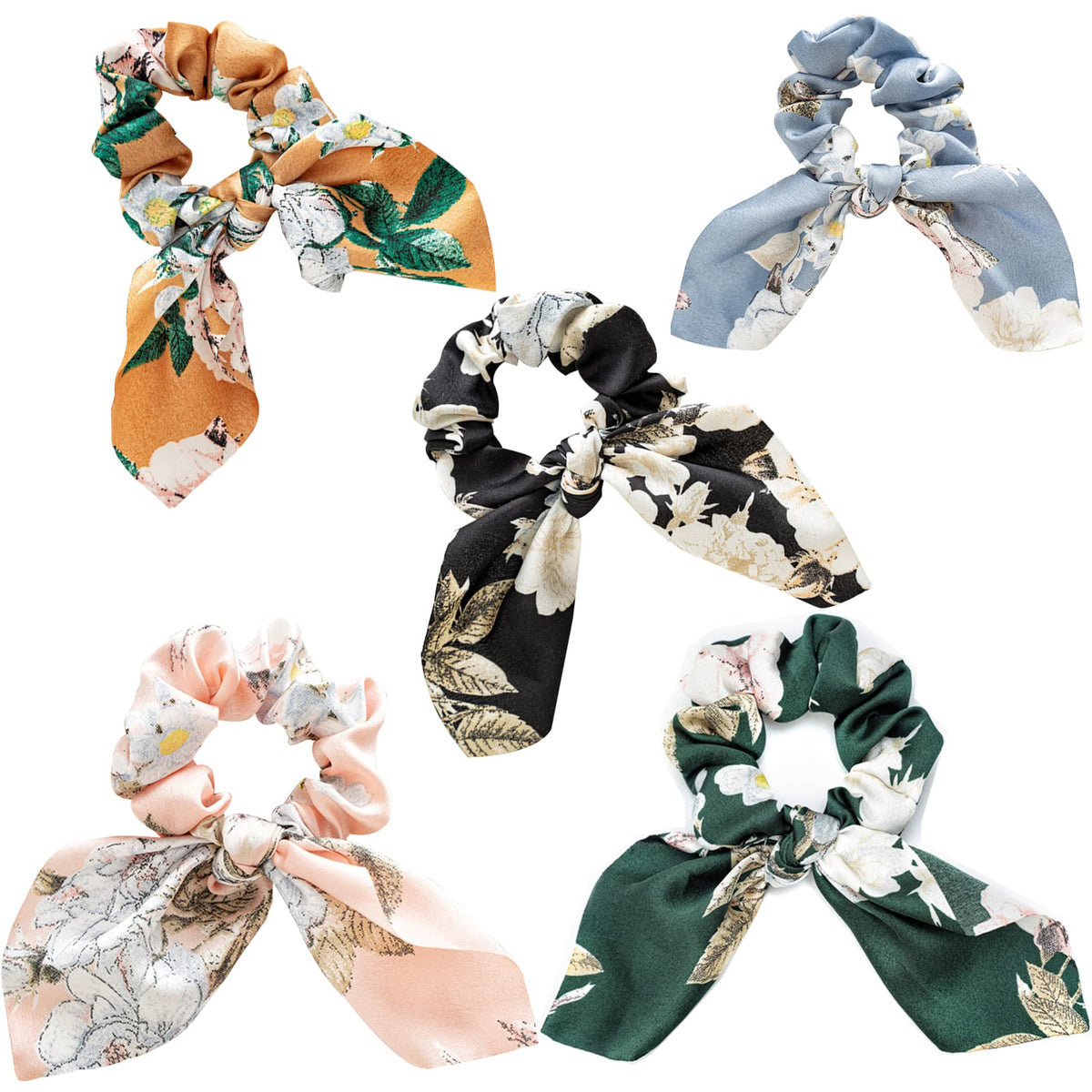 E7E1 Hair Scarf Scrunchie 5PCS Bow Scrunchies for Hair with Chiffon Ribbon Ponytail Holders Floral Print Hair Scarf Ties for Women Hair Accessories