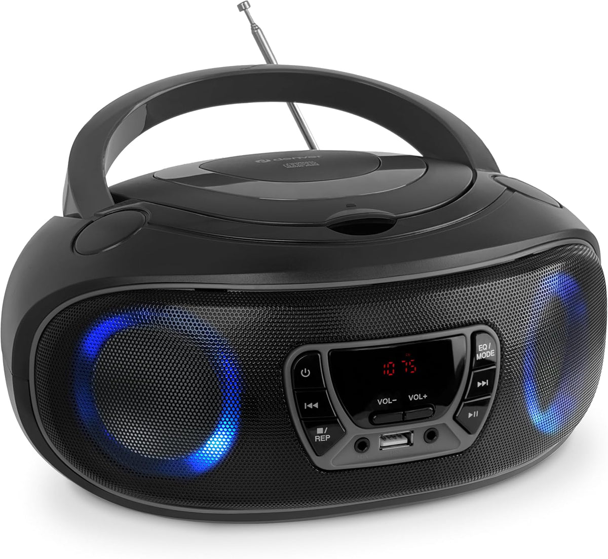 Denver TCL-212BTGR Grey Portable BoomBox with CD, FM Radio, USB, Bluetooth & LED Lights