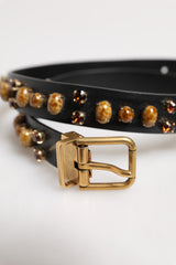 Dolce & Gabbana Black Leather Studded Gold Tone Buckle Belt