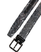 Dolce & Gabbana Black Sequins Silver Metal Logo Buckle Belt