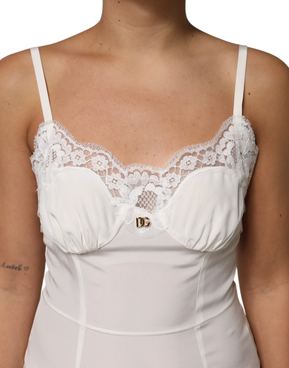 Dolce & Gabbana White Lace DG Logo Silk Dress Sleepwear