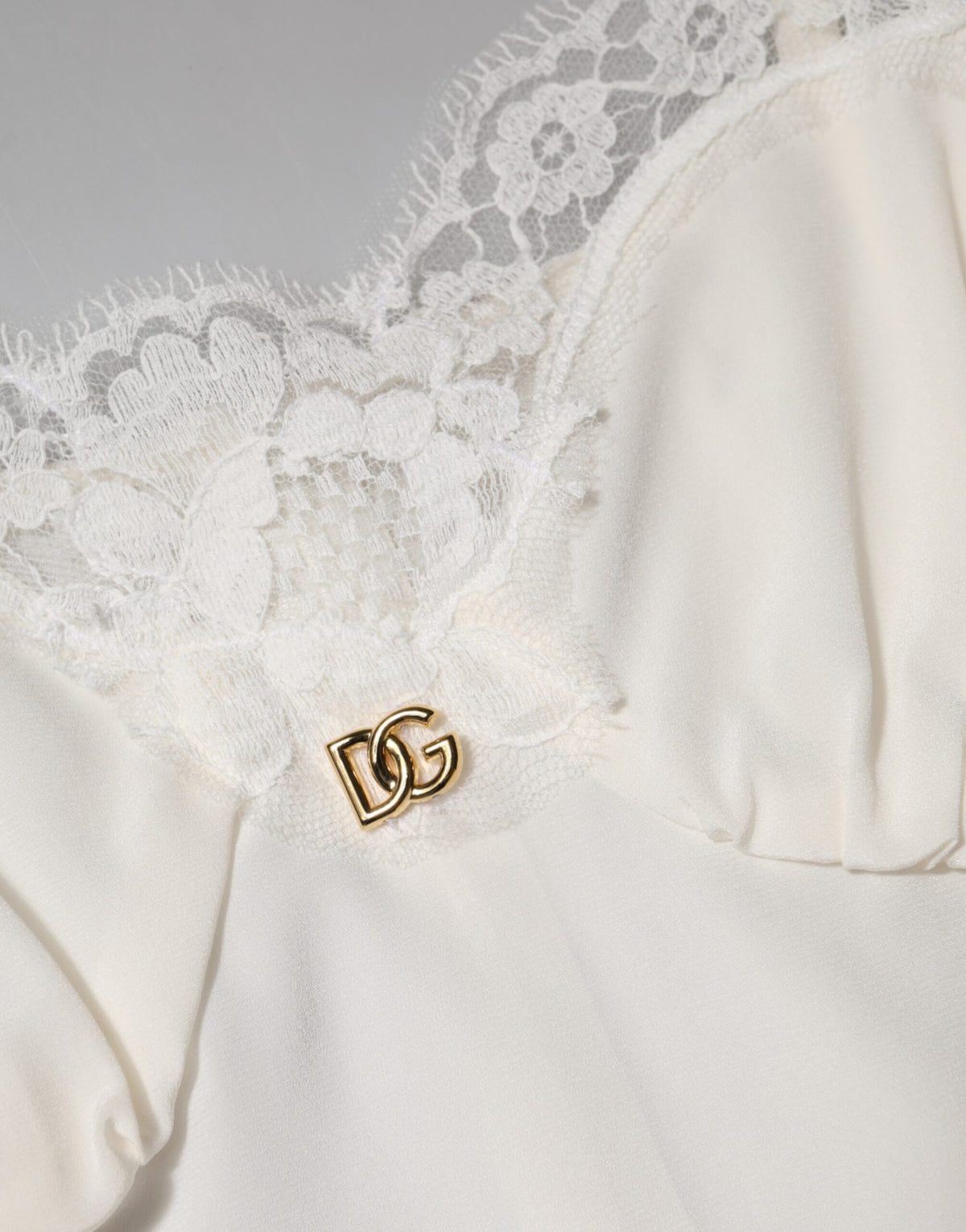 Dolce & Gabbana White Lace Gold DG Logo Silk Dress Sleepwear