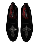 Dolce & Gabbana Black Velvet Embellished Loafer Slip On Shoes