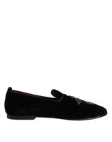 Dolce & Gabbana Black Velvet Embellished Loafer Slip On Shoes