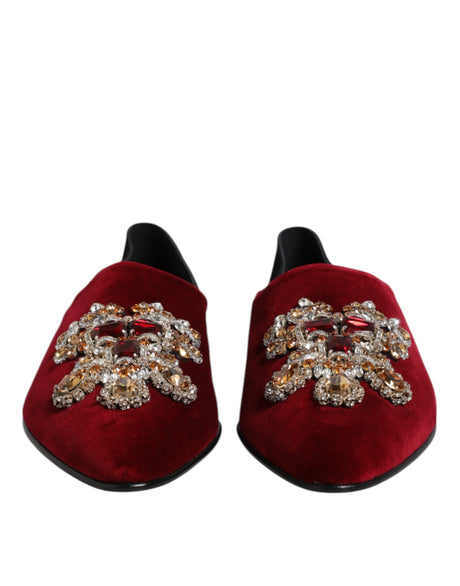 Dolce & Gabbana Black Red Velvet Embellished Slip On Shoes