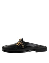 Dolce & Gabbana Black Leather DG Chain Embellished Sandals Shoes