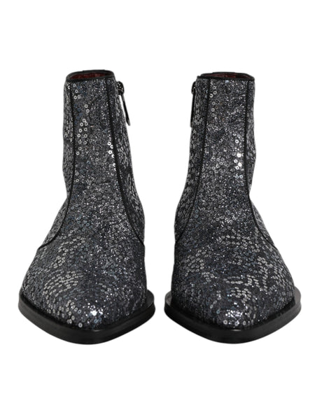 Dolce & Gabbana Dark Gray Cotton Sequined Chelsea Boots Shoes