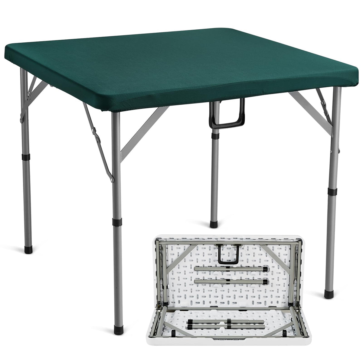 VEVOR Mahjong Table Fold-in-Half 4 Player Card Table with Wear-Resistant Green Tabletop Portable Bi-Folding Square Domino Table with Carrying Handle for Outdoor Camping Picnic Party 34 x 34-inch