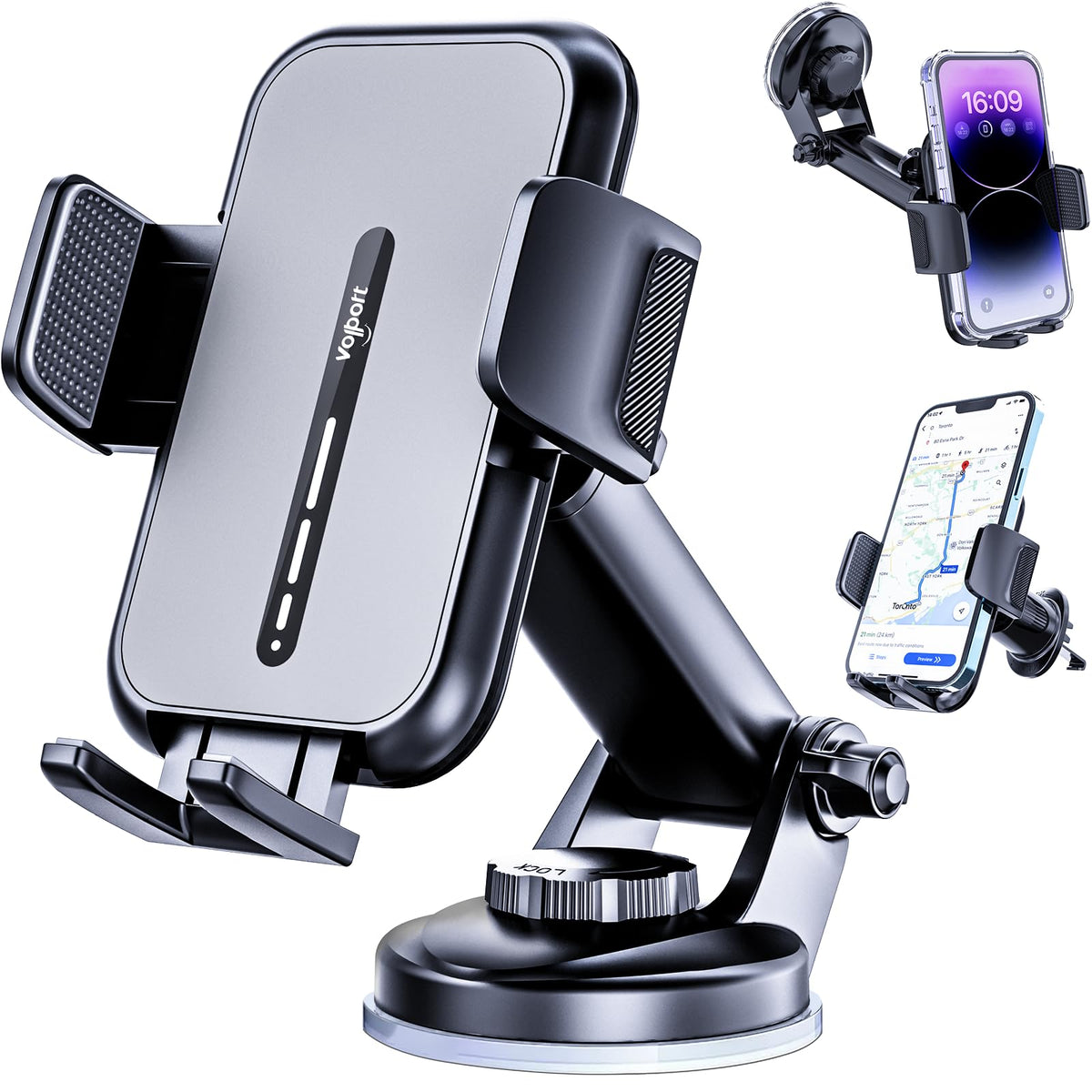 volport Cell Phone Mount for Car [Universal for iPhone Wallet & Thick Case] Military Suction Car Phone Holder for Dashboard & Windshield Air Vent Clip with Deep Wide Clamp for Big Heavy Cellphone