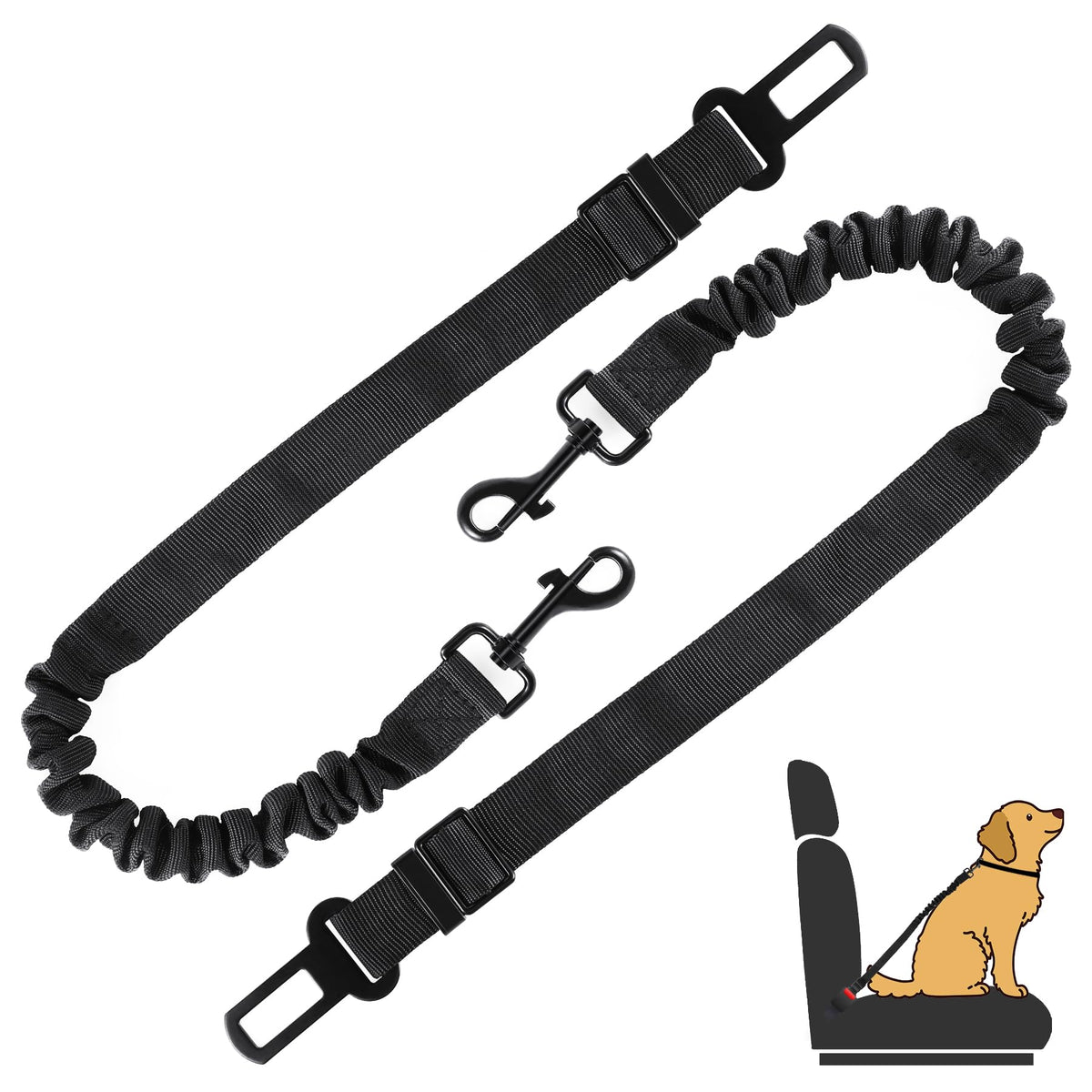 LivTee Dog Seat Belt for Car 2 Packs Set Retractable Dog Car Harness Adjustable and Comfortable Dog Car Seatbelt Leash Elastic Nylon Pet Safety Seatbelts for Vehicles Dog Accessories for Car(Black)