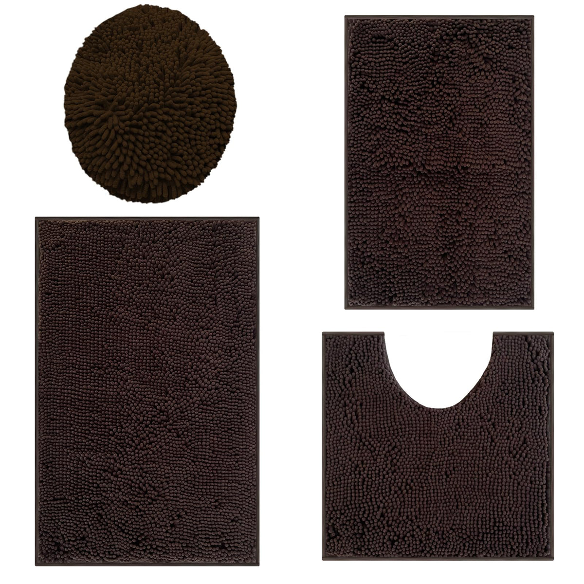Brown Bathroom Mats Sets 4 Pieces Bath Mats for Bathroom Chenille Bathmat Ultra Soft Non-Slip Bath Rug and Absorbent Bathroom Carpet Set Plush Bath Rugs for Bathroom Tub Shower