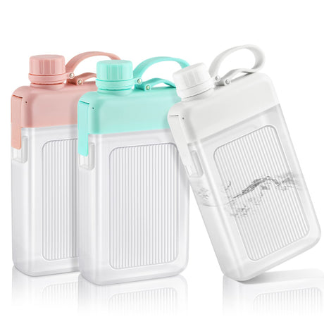 Amyhill 3 Pcs Flat Water Bottle 15oz A5 Travel Bottles Leak Proof Slim Square Memo Flask Plastic Portable Travel Mug for Outdoor Sports Fitness Camping Hiking Cycling(White Pink Green)