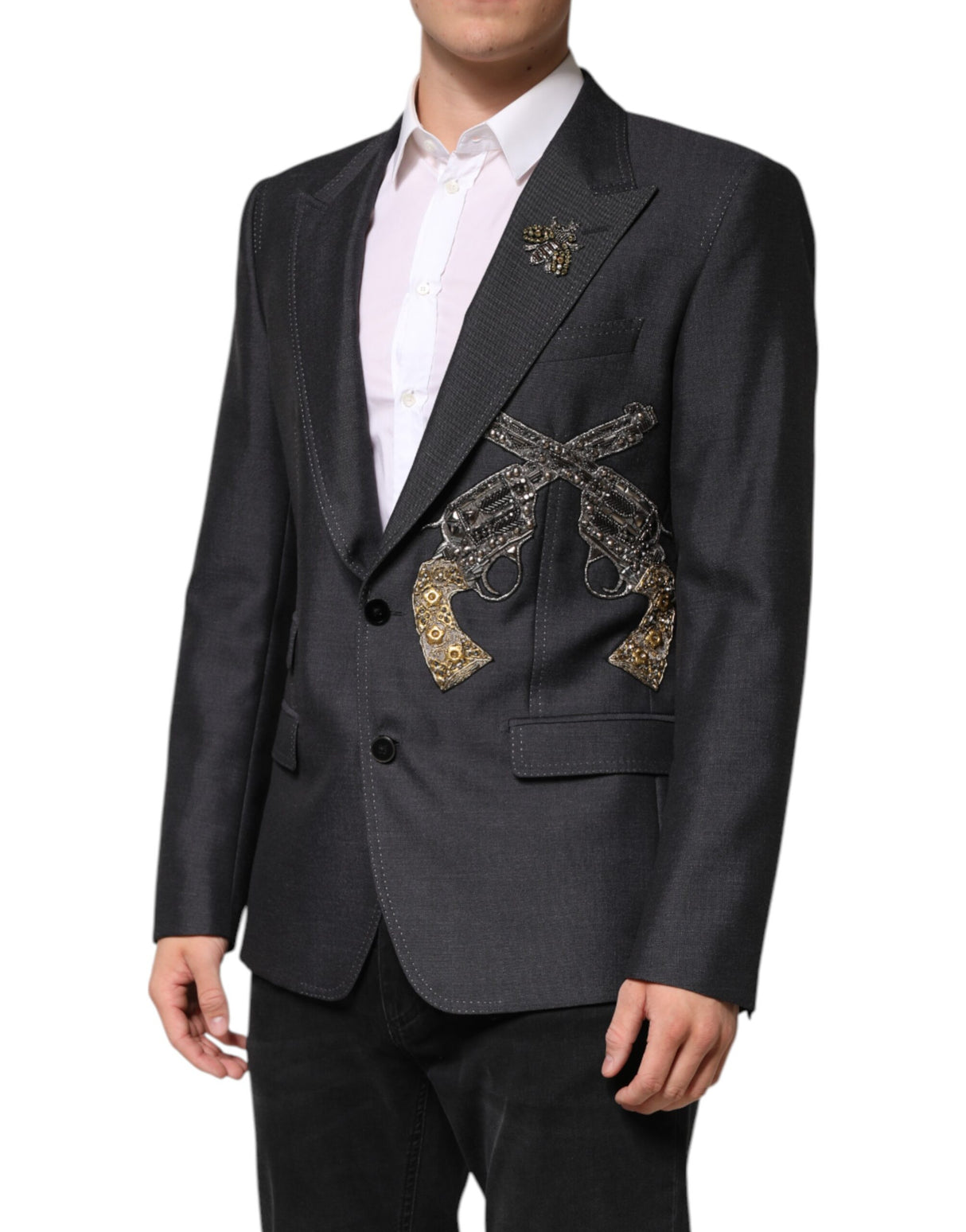 Dolce & Gabbana Dark Gray Bee Embroidery SICILIA Coat Blazer