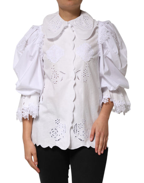 Dolce & Gabbana White Ruffled Lace Embellished Blouse Top