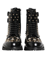 Dolce & Gabbana Black Studded Lace Up Mid Calf Boots Shoes