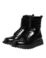 Dolce & Gabbana Black Leather Lace Up Mid Calf Boots Shoes
