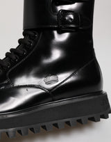 Dolce & Gabbana Black Leather Lace Up Mid Calf Boots Shoes