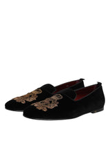 Dolce & Gabbana Black Velvet Gold Crown Mens Loafers Shoes