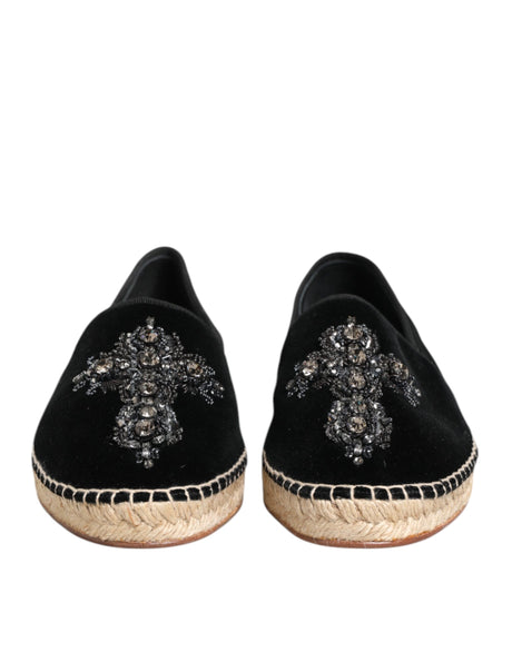 Dolce & Gabbana Black Cross Crystal Slip On Espadrille Shoes