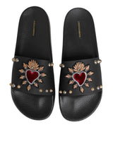 Dolce & Gabbana Black Rubber Sacred Heart Slides Men Beachwear Shoes