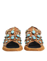 Dolce & Gabbana Brown Leather Studded Slides Sandals Shoes