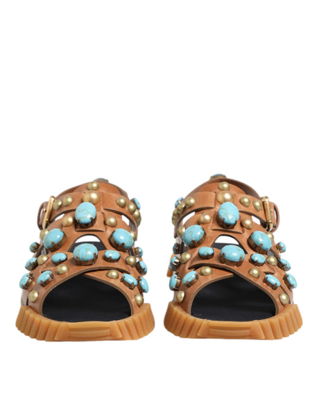 Dolce & Gabbana Brown Leather Studded Slides Sandals Shoes
