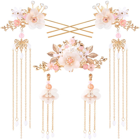 HINZIC 5PCS Silk Flower Tassels Hairpin Crystal Rhinestone Pearl Hair Clips Headpiece Retro Flower Chinese Hanfu Wedding Brides Hair Accessories Jewelry for Women Girls Updo Long Hair