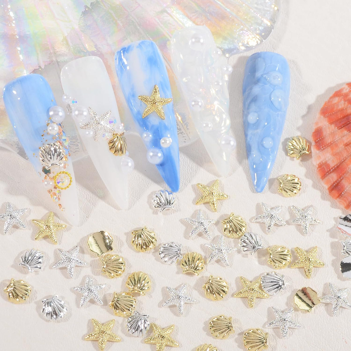 WEILUSI 100PCS Gold Silver Nail Art Charms Ocean Theme Shell Starfish Nail Studs Decals Nail Art Rivets Alloy 3D Sea Shell Star Metal Nail Jewelry Supplies for DIY Manicure Decoration