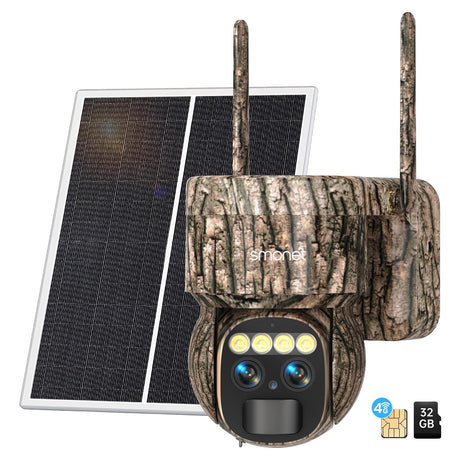 4G LTE Cellular Trail CamerasDual Lens Security Camera Built-in SIM & TF Card 2K 360°View Live Video Game CameraNight Vision Motion Activated Solar Powered Remote Phone AccessNo WiFi Needed