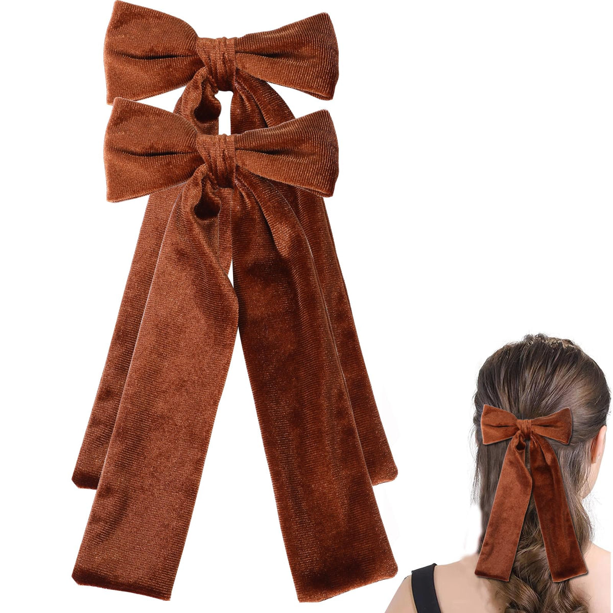 2PCS Velvet Hair Bows Hair Ribbon Clips Big Fall Alligator Clips Hair Accessories for Women Girls (Brown)