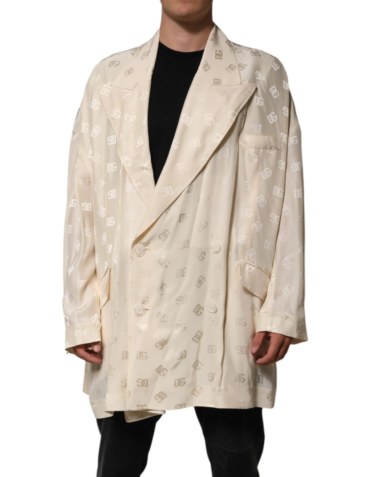 Dolce & Gabbana Beige Polyester Logo Monogram Coat Jacket
