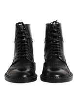 Dolce & Gabbana Black Leather Lace Up Mid Calf Boots Shoes