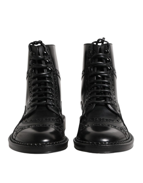 Dolce & Gabbana Black Leather Lace Up Mid Calf Boots Shoes