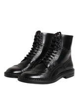 Dolce & Gabbana Black Leather Lace Up Mid Calf Boots Shoes