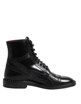 Dolce & Gabbana Black Leather Lace Up Mid Calf Boots Shoes