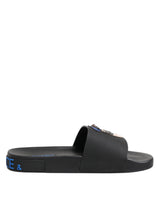 Dolce & Gabbana Black Leather Slides Flats Beachwear Shoes
