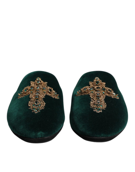 Dolce & Gabbana Green Velvet Cross Embellished Slippers Shoes