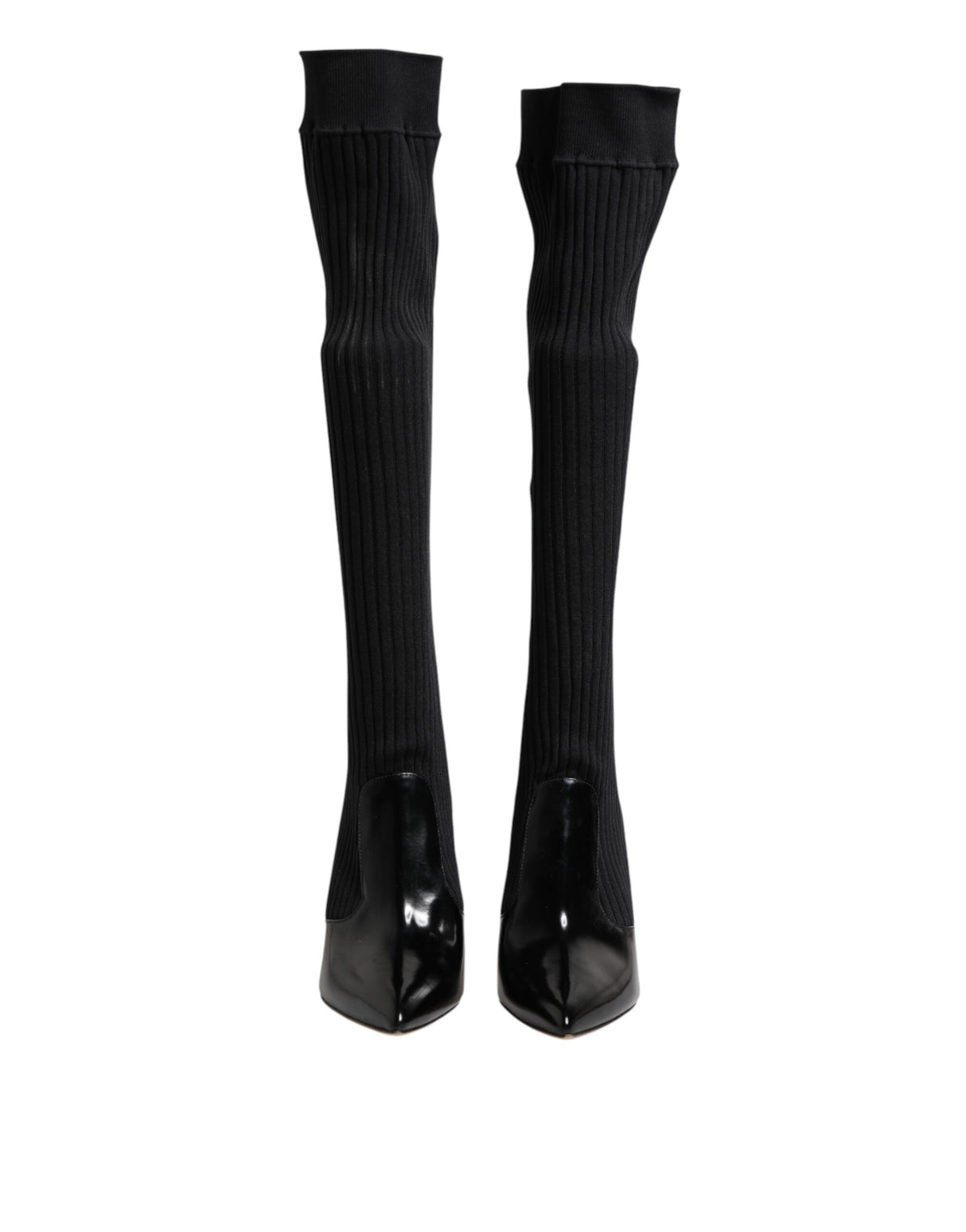 Dolce & Gabbana Black Leather Ribbed Knit Knee Boots Shoes