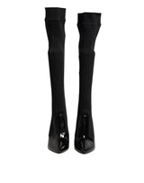Dolce & Gabbana Black Leather Ribbed Knit Knee Boots Shoes