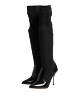 Dolce & Gabbana Black Leather Ribbed Knit Knee Boots Shoes