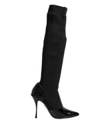 Dolce & Gabbana Black Leather Ribbed Knit Knee Boots Shoes