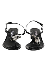 Dolce & Gabbana Black Leather Crystal Ankle Strap Sandals Shoes