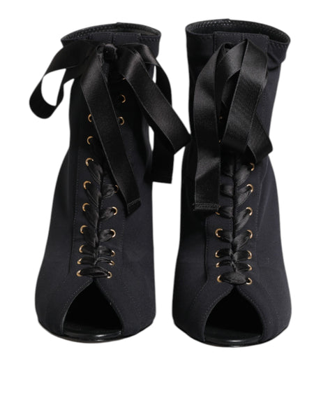 Dolce & Gabbana Black Stiletto Heels Lace Up Boots Shoes